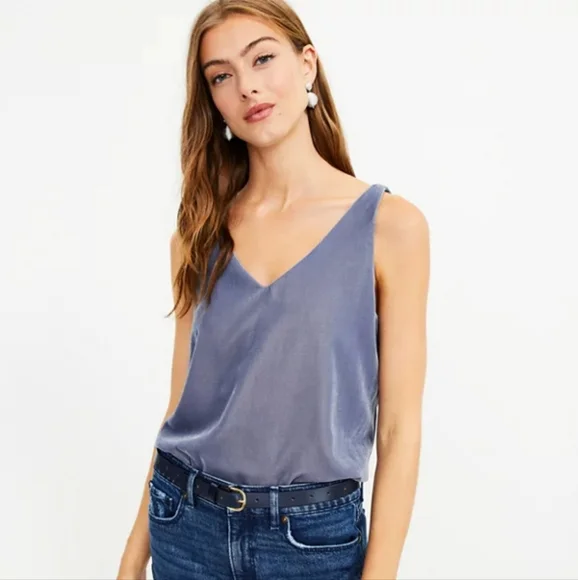 LOFT L Velvet Double V Shell Sliver Gray - Picture 1 of 3
